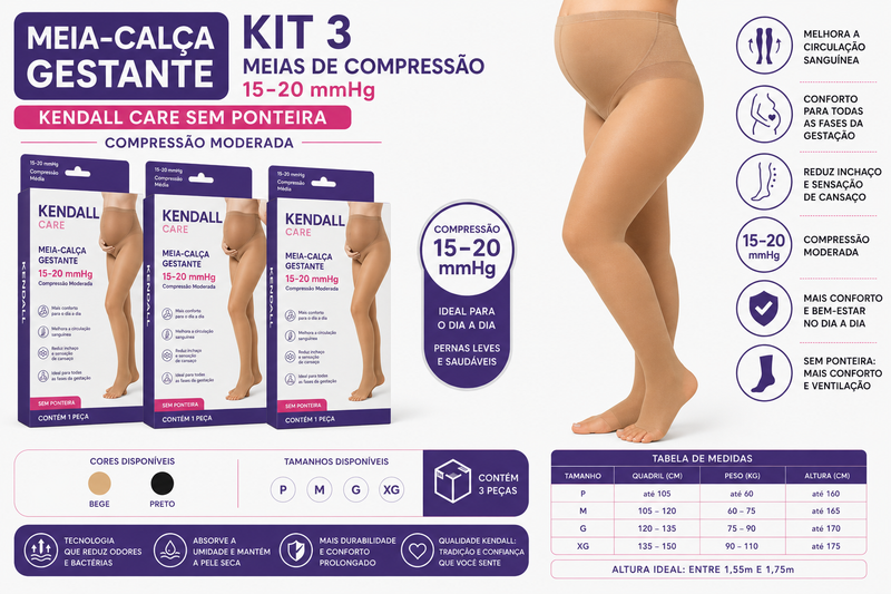 KIT 3 MEIA CALÇA KENDALL GESTANTE 15–20 MMHG SEM PONTEIRA REF. 1652